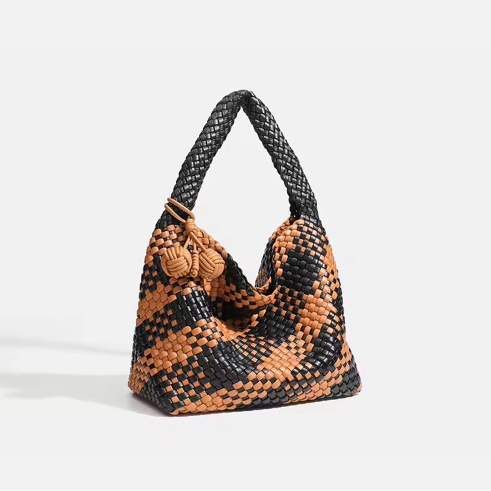 Black Checkered Woven Leather Tote Bag